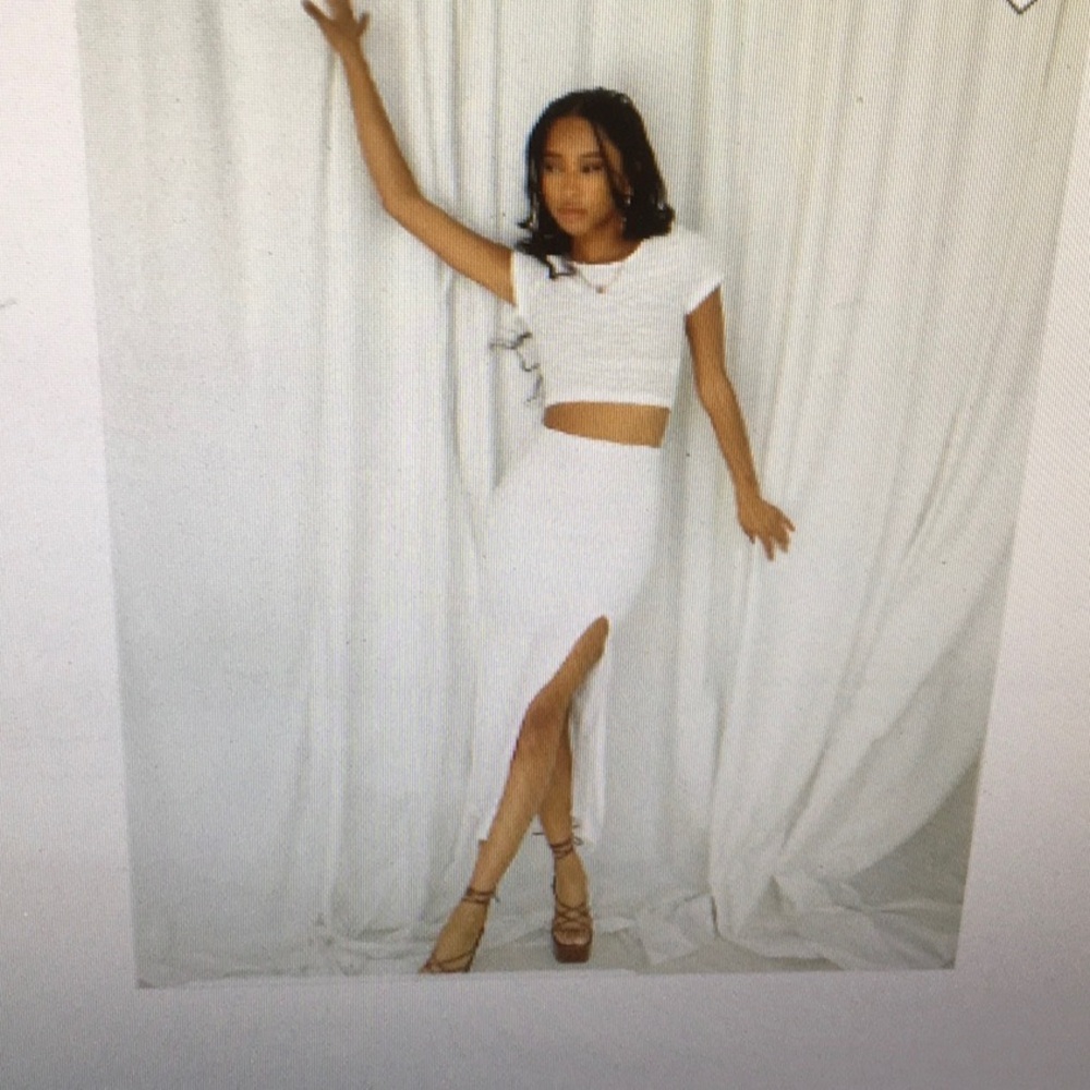 PRINCESS POLLY/WHITE-WIDE RIBBED KNIT MAXI SKIRTwSIDE SLIT/NEW